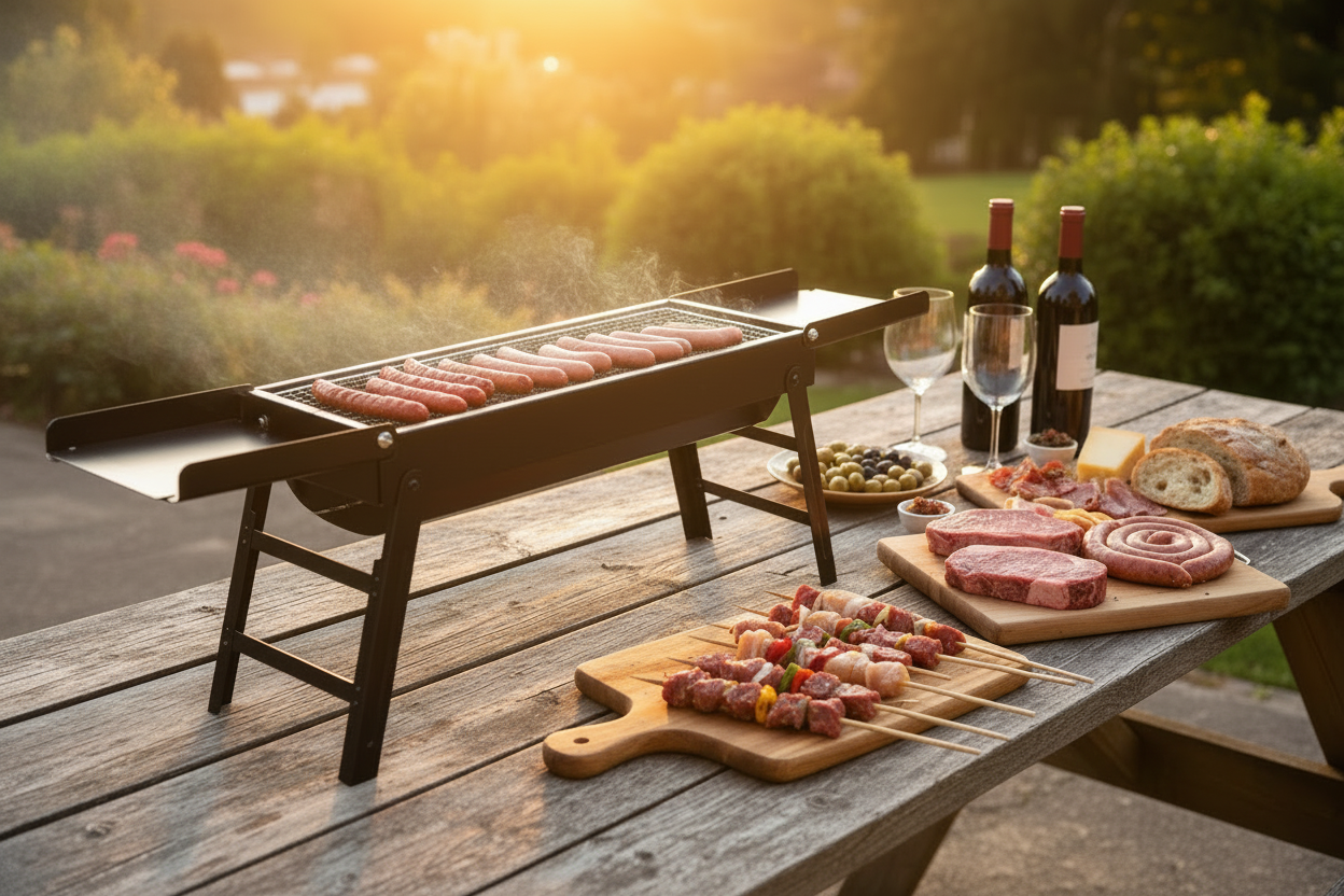 Barbecue pliant avec viandes et apéritifs